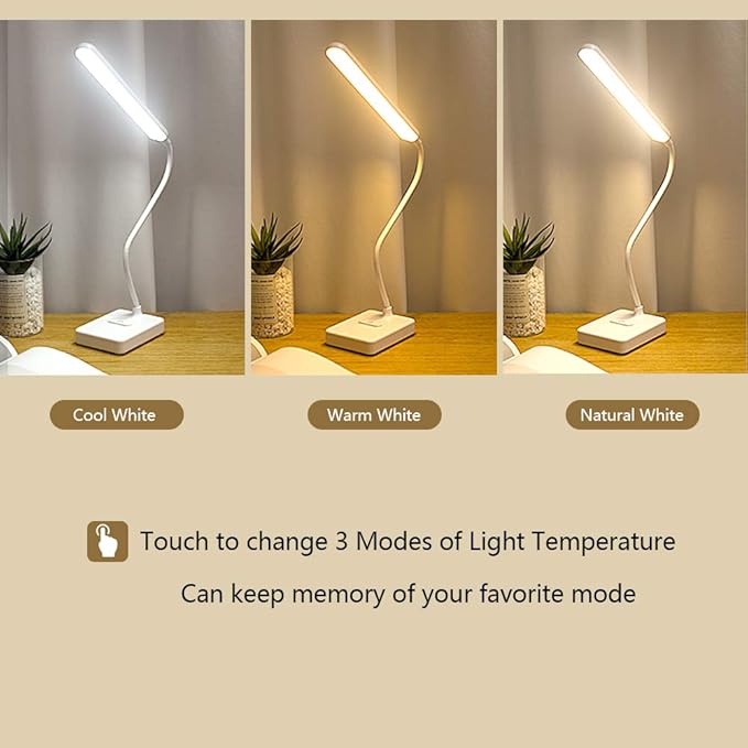 Cordless Desk Table Lamp Reading Light Rechargeable Battery 2200m,Touch 3 LED Modes,Dimmable,Small,Gooseneck, Highest 17.7",Lamp for Kids Bedroom Bedside