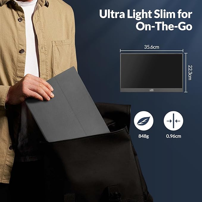 LR Portable Monitor, 15.6” 1080P FHD USB-C HDMI, Ultra-Slim IPS HDR Display with Cover and Built-in Speaker, Travel Monitor for Laptop/PC/Phone/Mac/Xbox/Switch/PS4/PS5, VESA Mountable
