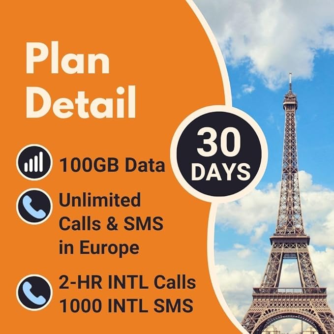 Orange Holiday Europe Prepaid eSIM 100GB Internet Data | 30 Days-Use | Data tethering Allowed | 120min & 1000 SMS from Europe to Any Country Worldwide
