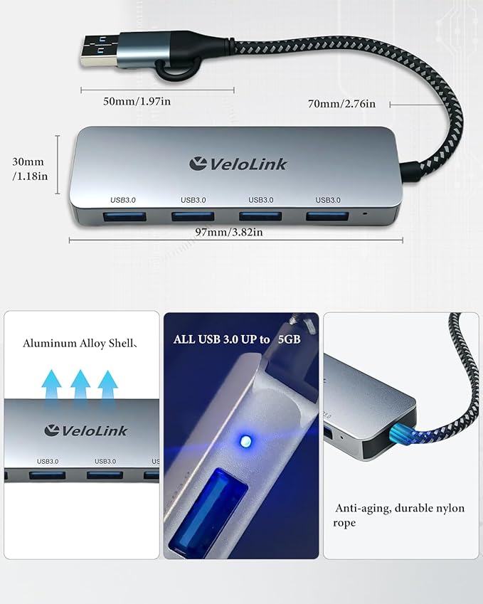 USB 3.0 Hub, USB Hub 4 Port, USB-C Aluminum Hub for Laptop/PC/MacBook/iPad Pro/iMac and More