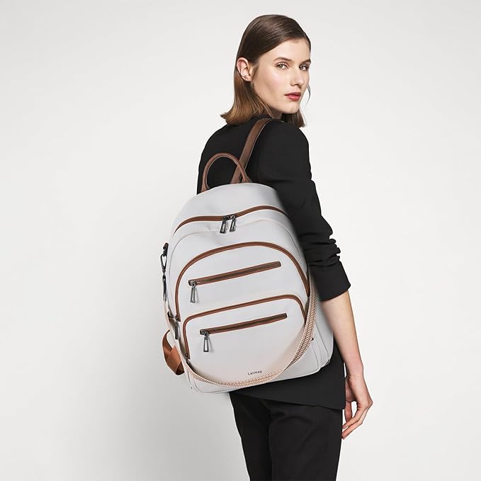 Backpack Purse for Women Laptop Backpack, Leather Travel Backpack Shoulder Bag Teacher College Daypack Work Handbag fits 14" Laptop-Beige