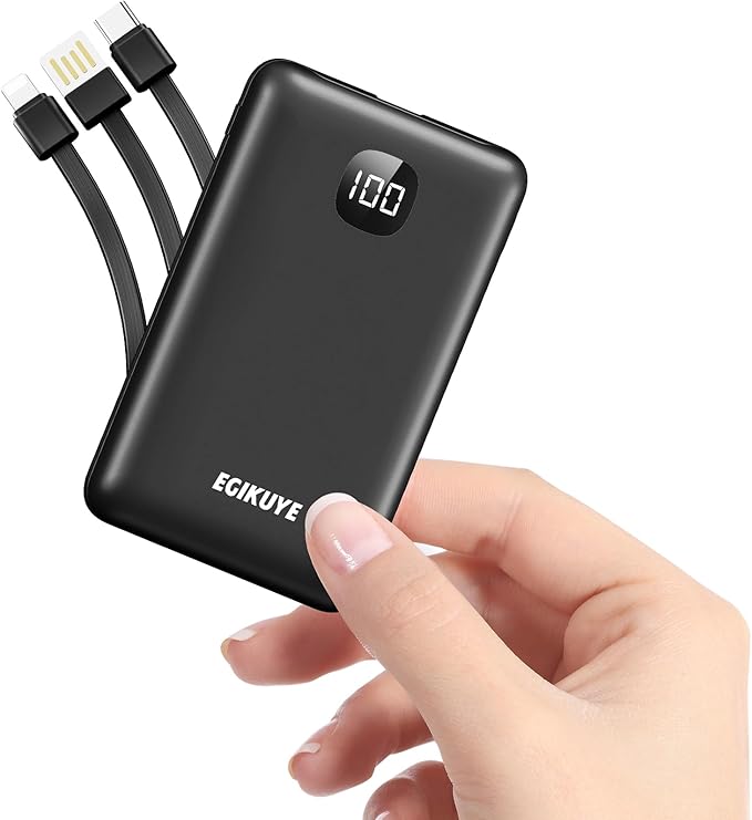 Portable Charger 10000mAh Power Bank with Digital Display, External Battery Pack with Built-in Cables, Ultra-Compact USB-C in&Out Travel Essential for iPhone, Android, Samsung etc