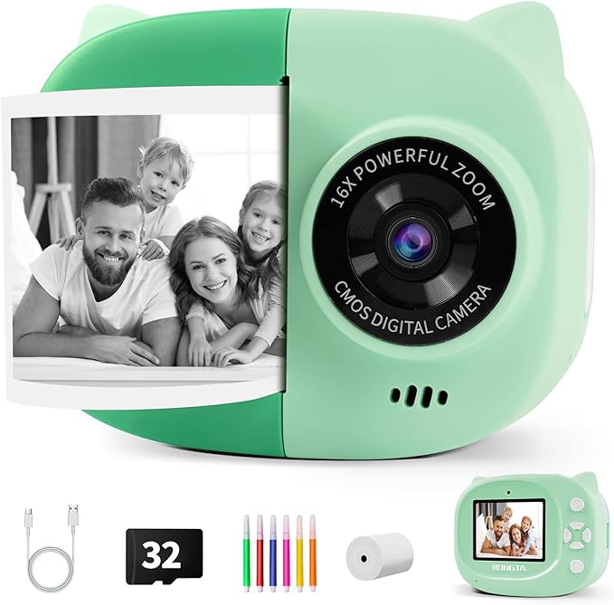 Rongta Instant Print Camera for Kids, Children Portable Photo Printer for Birthday Gifts, Kids Toys, 2.4 Inch Screen Kid Digital Camera for Girls Boys Age 3 4 5 6 7 8 9 10(Green)