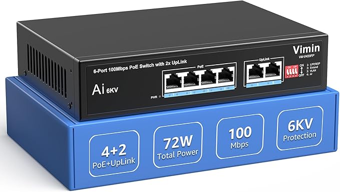 6-Port PoE Switch with 4 Port PoE, VIMIN 4-Port Unmanaged 10/100Mbps Network PoE Switch with 2 Uplink Ports, AI Watchdog, VLAN, Extend 250m, Support IEEE802.3af/at, 72W PoE Power