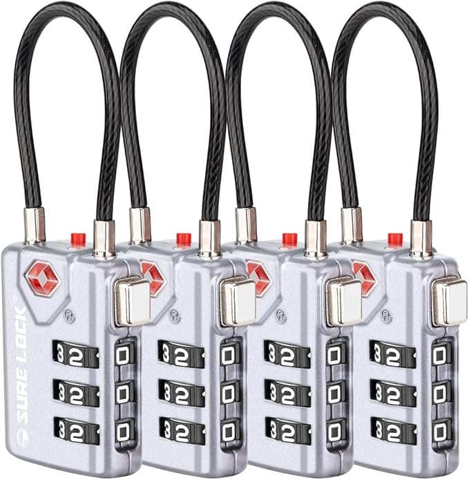 SURE LOCK TSA Compatible Travel Luggage Locks, Inspection Indicator, Easy Read Dials TSA Approved with Zinc Alloy Grey 4 Pack