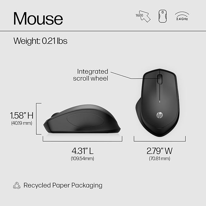 HP Wireless Silent 280M Mouse - Ergonomic Right-Handed Design, 18 Month Battery Life, and 2.4GHz Reliable Connection - Works for Computers and Laptops - Far Quieter Clicks than Most Mice,Black