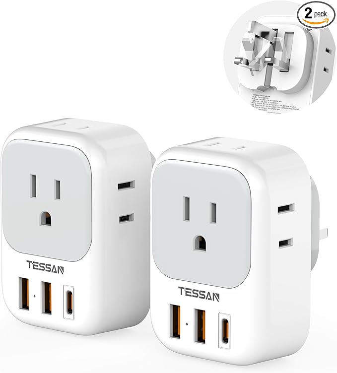 UK Adapters for Travel, TESSAN US to UK Ireland Plug Adapter 20W, Foldable Power Adaptor with 4 Outlets 3 USB(PD 20W 1 USB C) Charger, Type G for USA to Scotland London England HongKong Dubai Irish
