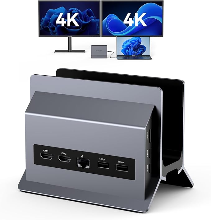 TobenONE Docking Station Dual Monitor Stand 4K@60Hz, 2 HDMI Ports, 100W Power Supply, PD 3.0, 6 USB, Ethernet, Laptop Stand Vertically, for Windows, ChromeOS, Desk Space Saving