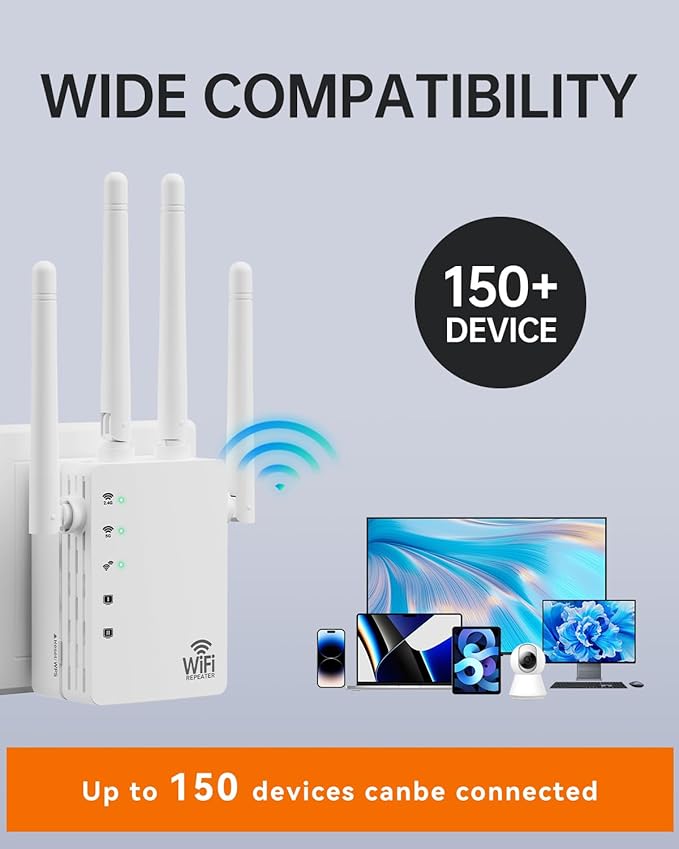 WiFi Extender with Ethernet Port, Covers Up to 13888 Sq.ft and 150+ Devices, WiFi Extender Signal Booster with Dual Band 5GHz/2.4GHz, Antennas, Ethernet Port & EasyMesh, 1-Tap Setup