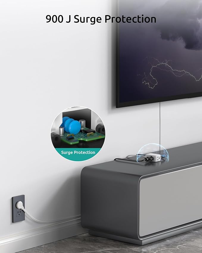 Flat Extension Cord Short 3ft, ETL Listed, NUTICT Indoor 3 Prong Extension Cord with 900J Surge Protector, 13A/16 AWG, Right Angle Flat Wall Plug, Small Outlet Extender for Kitchen Bathroom, White