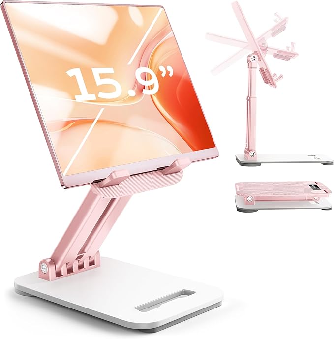 LISEN Tablet Stand for iPad Stand Holder Desk, Foldable Home Office Desk Accessories Travel for iPad Holder Dorm College Essentials Portable Monitor Pink Sorbet for Girls