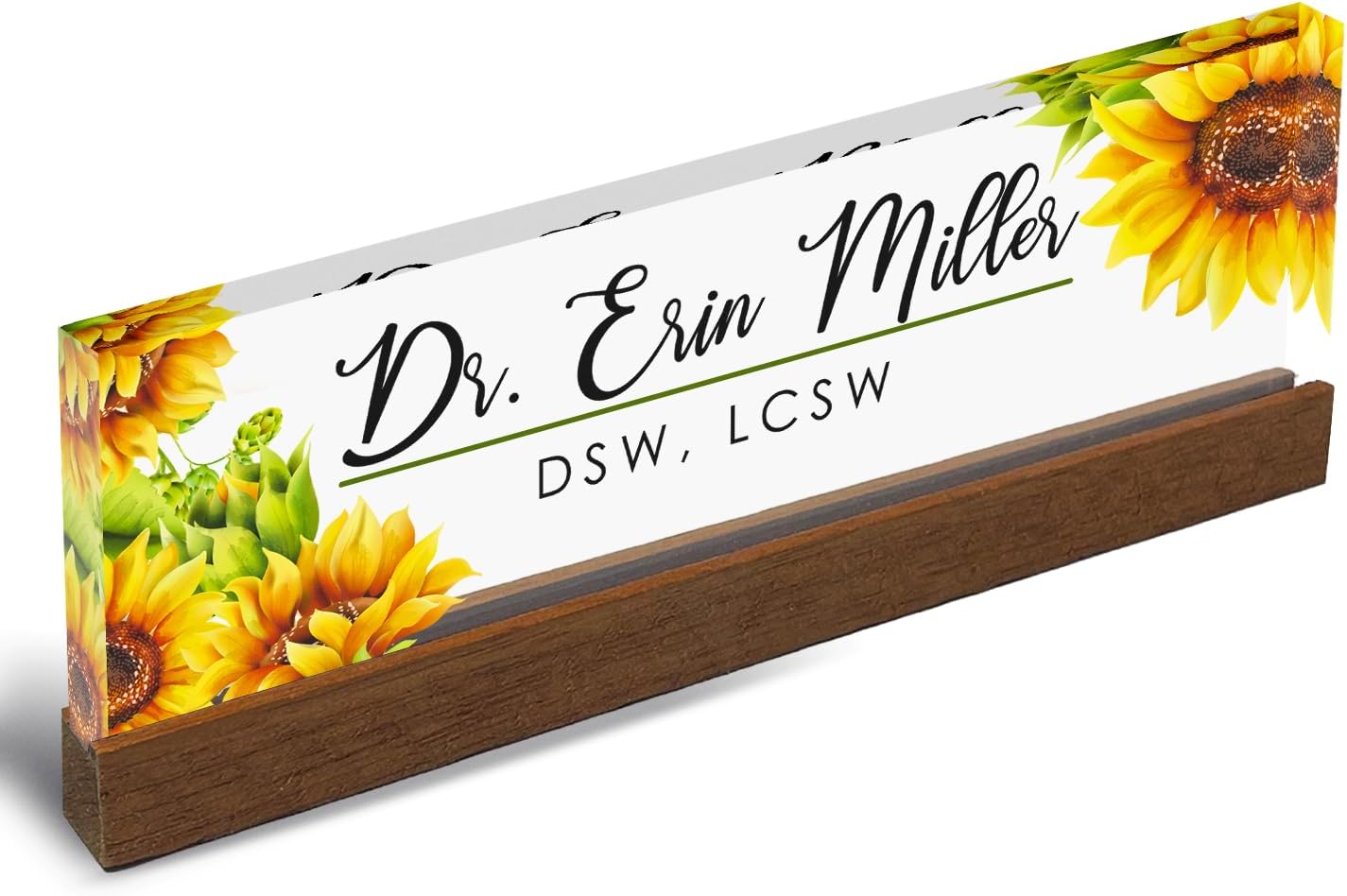 Artblox Personalized Office Desk Name Plate and Business Card Holder | Clear Acrylic Glass with Teak Wood Stand | Sunflowers Design Customized with Your Name and Credentials Office Desk Decor