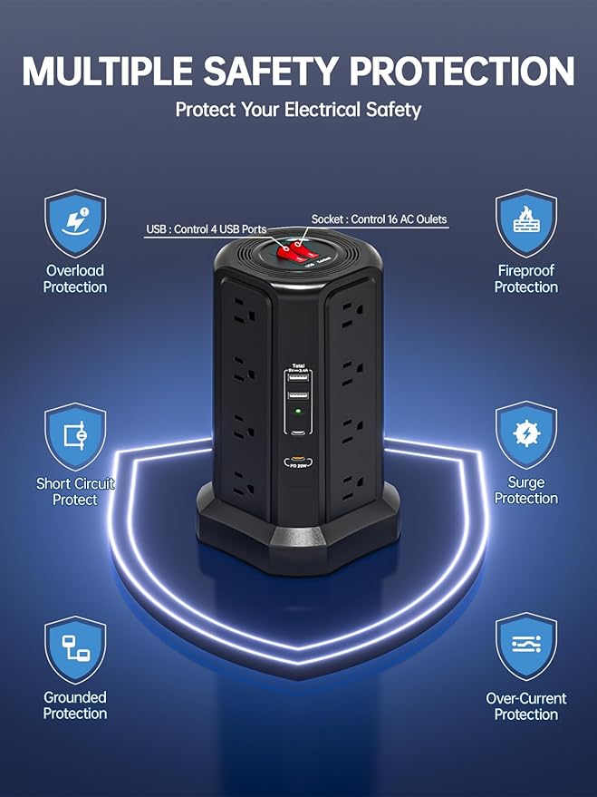 Surge Protector Power Strip with 5 USB Ports,16 AC Outlets 13A 10FT Extension Cord with Multiple Outlets, Fararaka Power Strip Tower with Surge Protection for Office Dorm Room (10FT+16AC2A2C)