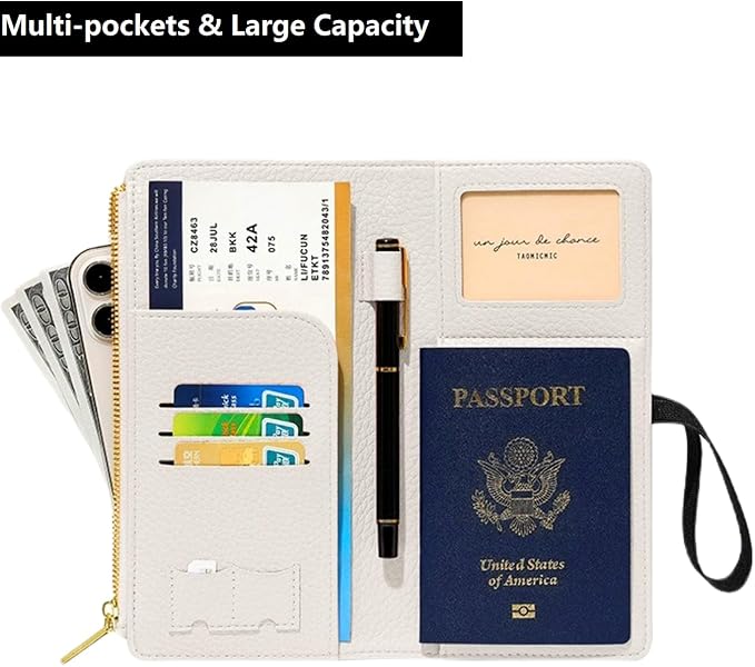 DOB SECHS Passport Holder for Travel Women RFID Blocking Leather Passport Wallet Travel Document Organizer Pouch Bag, Slim Passport Cover Case with Zipper Cash Pocket Purse+Card Slots+ID Window, White