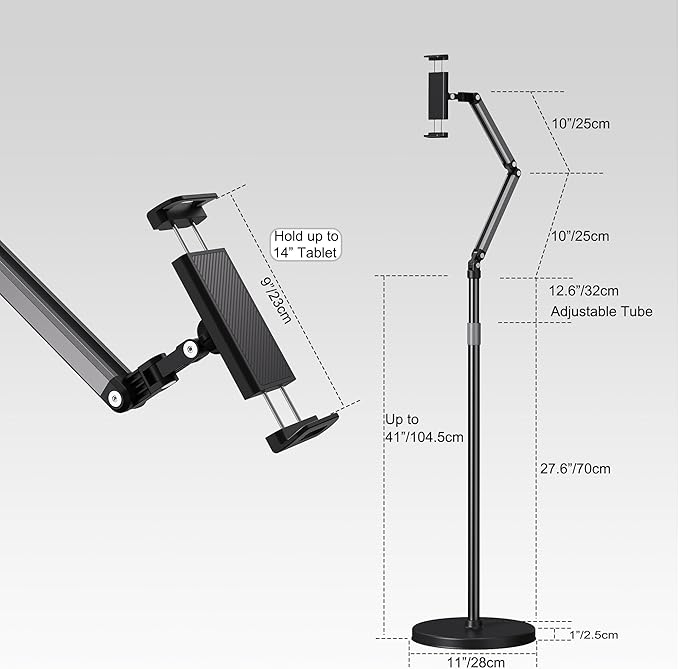 Tablet Stand for iPad Floor Phone Stand for Bed, Meeting, Vlogging, Compatible with Kindle, Galaxy Tab, Adjustable Height, Tablet Holder with Ultra-Long Extension Arm, 360° Swivel
