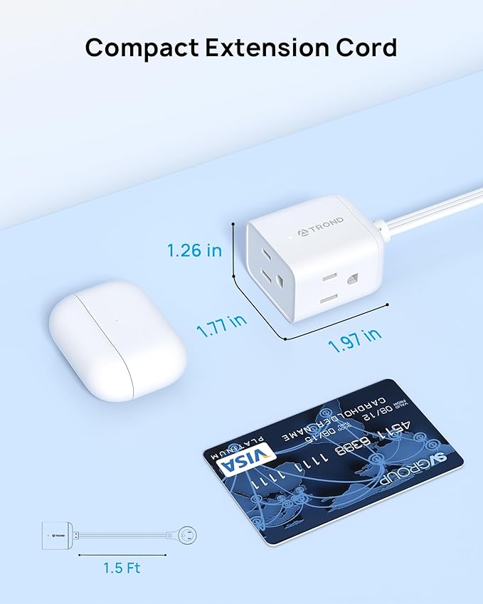 TROND Short Extension Cord 1.5ft with 360° Rotating Flat Plug, Low Profile Small Power Strip, Three Prong 3 Way Grounded Outlets, 13A, SPT 16/3 AWG Cable for Indoor Home Office Cruise Travel, White