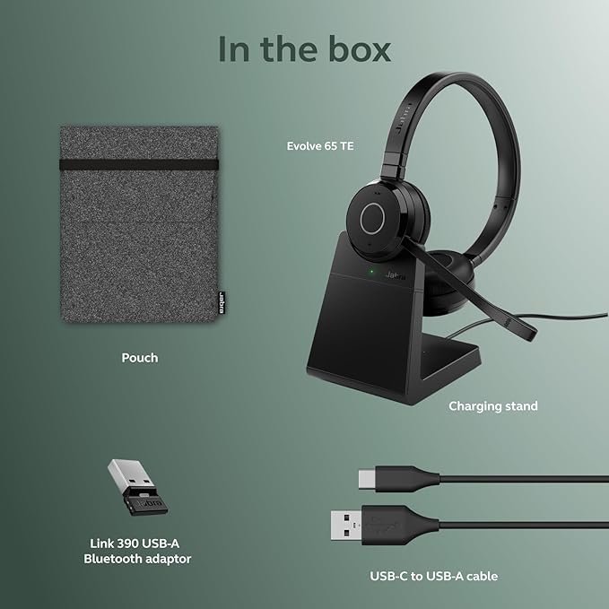 Jabra Evolve 65 TE (Third Edition) Wireless Dual-Ear Headphones w/Charging Stand - Noise-Canceling Mic, 16 hr Battery Life, Dual Connectivity, MS Teams Certified, Supports Other Platforms, Black