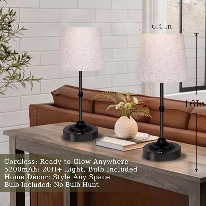 Cordless Lamp, Rechargeable Battery-Operated Lamp with Fabric Lampshades, 2 Pack Dimmable Desk Lamps for Kitchen, Bedroom, Living Room, Nightstand, Balcony, Home Décor (Black)