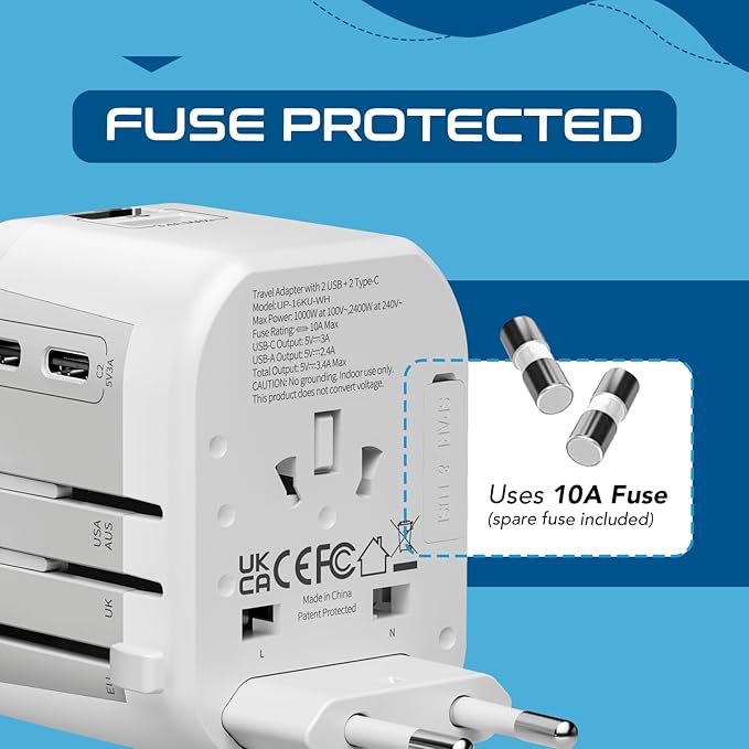 Ceptics International Plug Adapter, 5 in 1 Universal Power Adapter with 2X USB-A & USB-C, Worldwide Travel Essentials with Type A, C, G, I outputs for Europe Germany Spain Australia, UP-16KU-WH