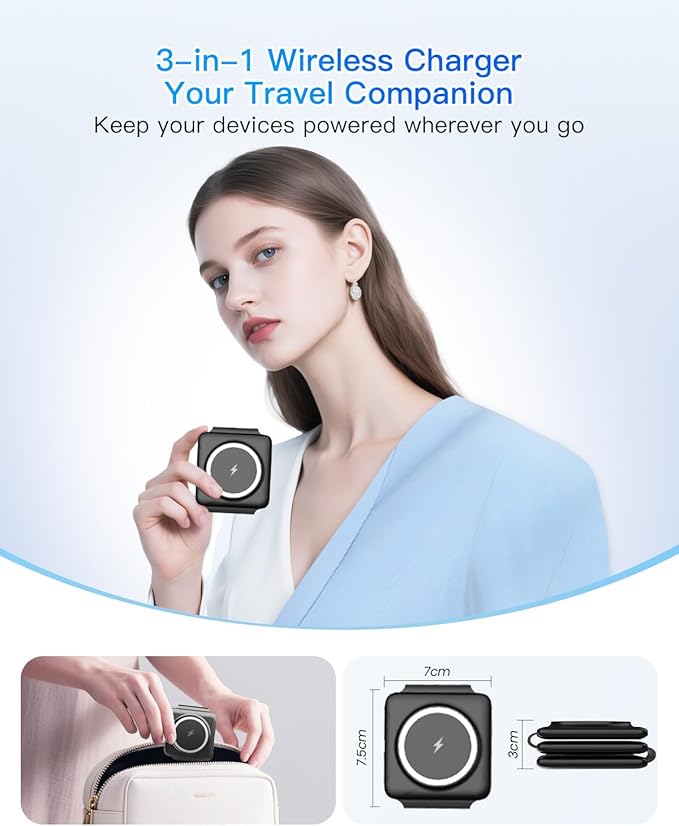 Magnetic Wireless Charger for iPhone: Fodable 3 in 1 Charging Station for Multiple Apple Devices - Travel Charging Pad Dock for Apple Watch iPhone 16 15 14 13 12 Pro Max Plus & Airpod