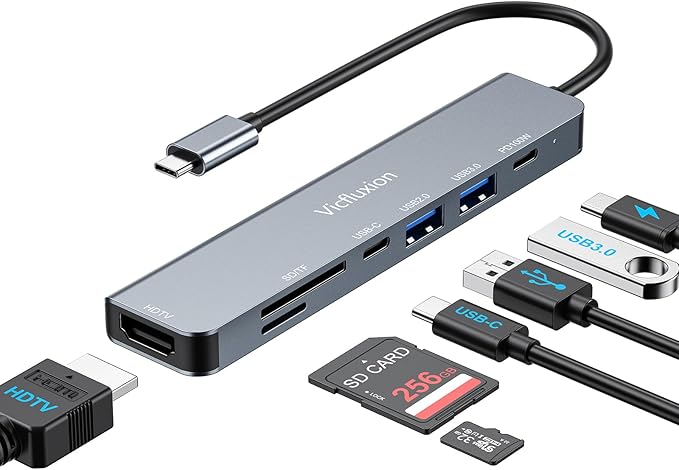 USB C Hub Multiport Adapter 7-in-1 with 4K HDMI Dongle USB 3.0,SD/TF Card Reader, 100W PD Charging, Aluminum, USB C Docking Station USB c hub for MacBook Pro/Air, PC/Laptop/Tablet Devices