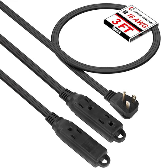 EP 3 Ft 3 Outlet Extension Cord with Flat Plug, 3 Prong Grounded, 16/3 SPT-3 Power Cable for Indoor Use, Black, 2 Pack