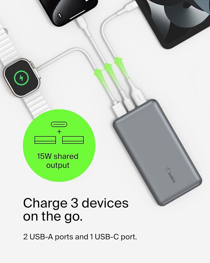 Belkin Portable Charger, USB C Power Bank 10000 mAh w/ 2xUSB-A Ports, 15W w/Type-C to Type-A Cable for iPhone 17, Air, Pro, Samsung Galaxy S25, iPad, Nintendo Switch 2, Google Pixel 10, etc. - Gray