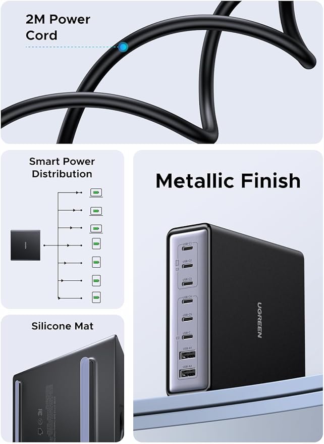 UGREEN Nexode 200W GaN USB C Charging Station, 8-Port Desktop Charger with PD 100W for MacBook Pro 16"/Air, Dell XPS, iPad Pro, iPhone 17/16/15, Galaxy S25/S24, Pixel 10/9