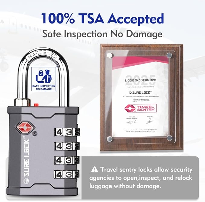 SURE LOCK TSA Accepted 4 Dig Heavy Duty Big Combination Luggage Padlock All Metal Travel Lock for Equipment Hard Case Luggage Gun Case Gym Locker Pelican Vault Lock (2, Grey)