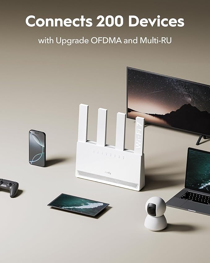 Cudy Dual Band BE3600 Wi-Fi 7 Router WR3600E 4 Gigabit Ports, 2.0 GHz Quad Core, 4 Antennas VPN Clients & Server, Cudy APP, Cloud Control