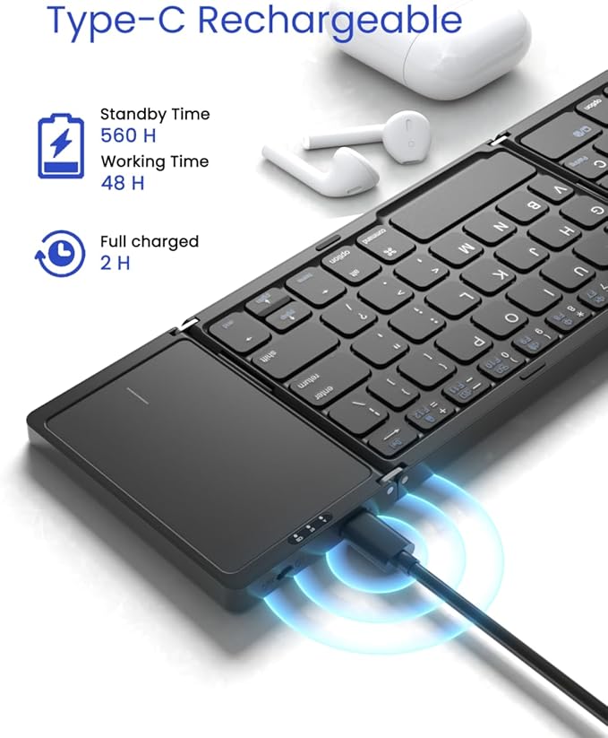 Foldable Bluetooth Keyboard, Folding Portable Wireless Keyboard with touchpad,Travel Pocket Keyboard for iOS Android Windows Mac Smartphone Tablet & Laptop, Sync Up to 3 Devices, Black