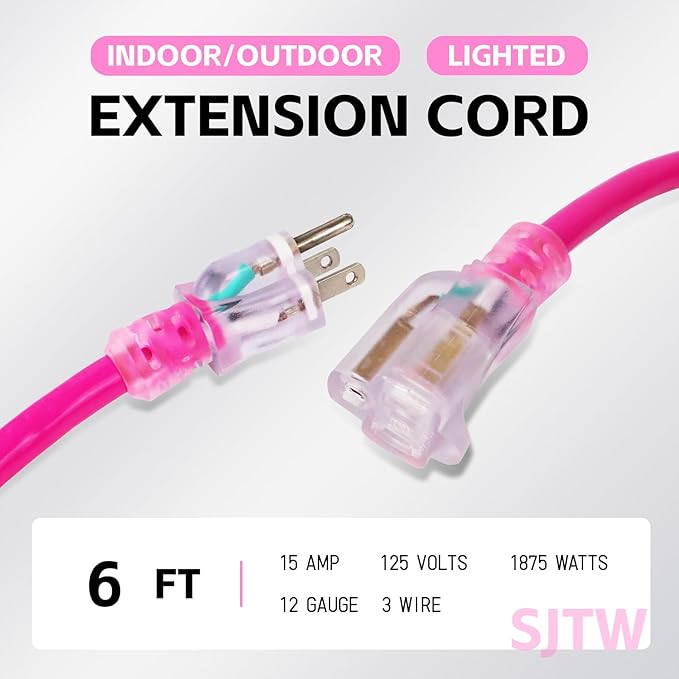 EP 6 Ft Outdoor Extension Cord with Lighted End, 12/3 Gauge SJTW Heavy Duty Extension Cable with 3 Prong Grounded Plug, 15AMP 1875W 12AWG, Pink, UL Listed