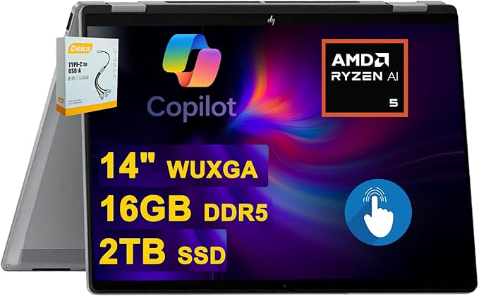 HP OmniBook X Flip 2-in-1 Copilot+ AI PC Laptop | 14" WUXGA Touch 400nits | AMD 6-core Ryzen AI 5 340 (Up to 50 Tops) | 16GB DDR5 2TB SSD | Backlit Wi-Fi6E 5MP IR Camera Poly Win11 w/DLCA Accessory