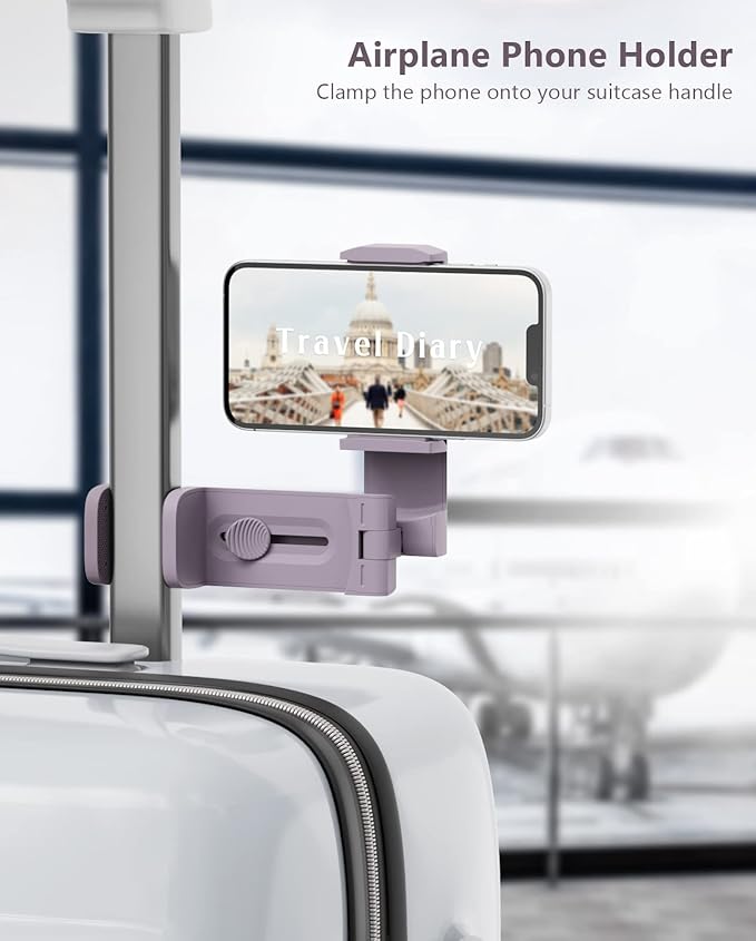 MiiKARE Travel Essentials Airplane Phone Holder, Universal Handsfree Phone Mount for Flying with 360 Degree Rotation, Travel Must Haves Phone Stand for Desk, Tray Table, Black&Purple