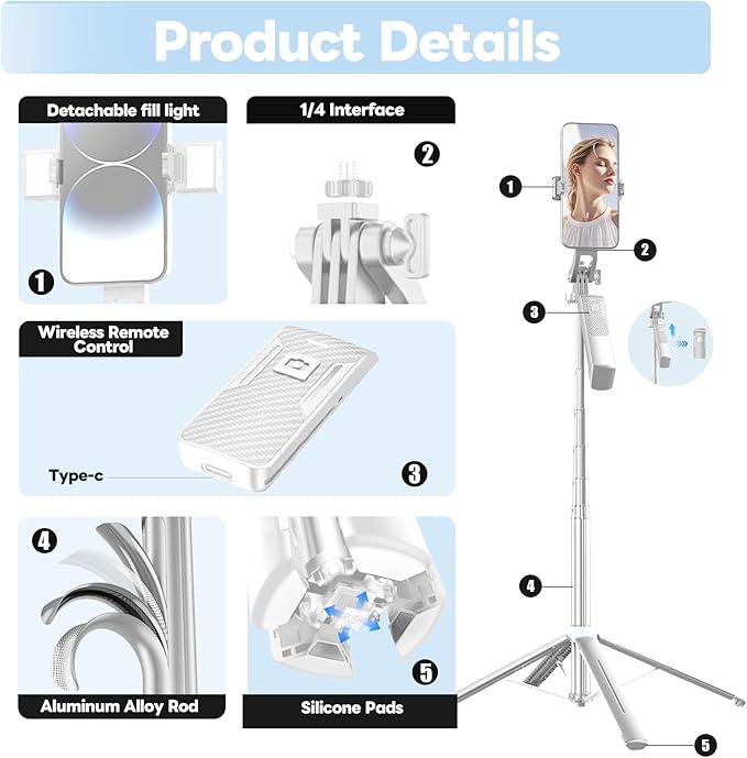 71" Selfie Stick Phone Tripod with Wireless Remote & 2 LED Fill Lights, Extendable Aluminum Phone Stand for iPhone/Android/Camera, Portable Travel Tripod for Vlogging, Live Streaming, Video Recording
