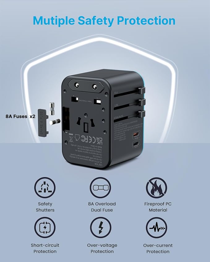 Universal Travel Adapter, VINTAR 35.5W International Power Adapter with 3 USB A QC and 2 USB C PD, All in One Plug Adapter Worldwide Travel Essentials for EU/UK/USA/AUS(Type C/G/A/I), Blue