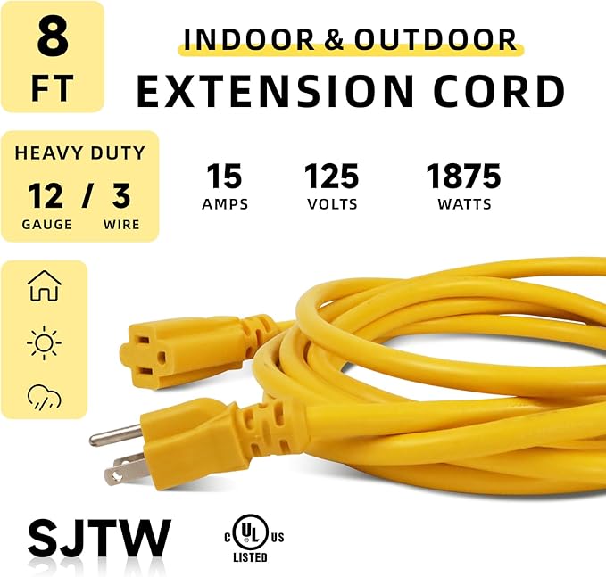 EP 8 Ft Outdoor Extension Cord, 12/3 SJTW Heavy Duty Extension Cable with 3 Prong Grounded Plug, 15 AMP Power Cord for Lawn, Garden, Appliances, Yellow