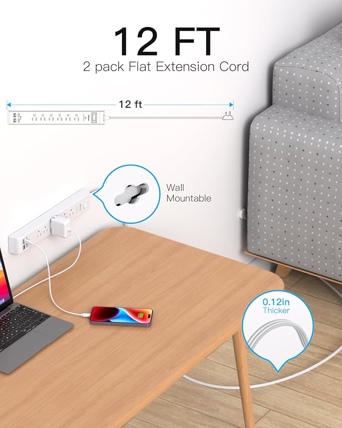 2 Pack Power Strip, 12FT Long Extension Cord, Surge Protector with 6 Outlets and 4 USB Charging Ports(2 USB C), Flat Plug Overload Protection, Wall Mount for Home Office Dorm College