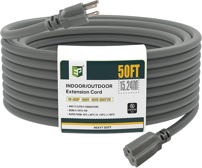 EP 50 Ft Outdoor Extension Cord, 12/3 SJTW Heavy Duty Extension Cable with 3 Prong Grounded Plug, 15 AMP Power Cord for Lawn, Garden, Appliances, Gray