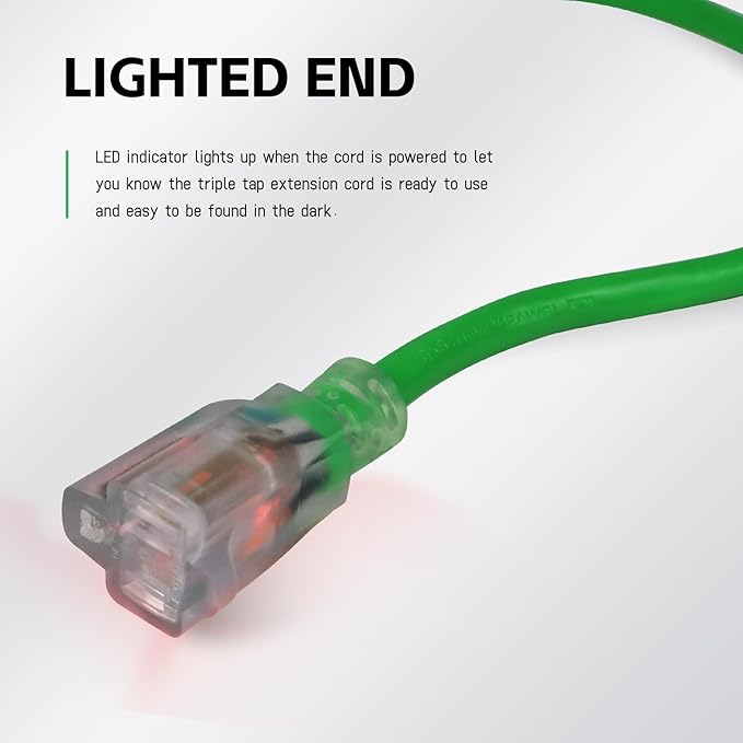 EP 10 Ft Outdoor Extension Cord, 12/3 SJTW Heavy Duty Waterproof Power Cable, 3 Prong Grounded Plug, Lighted End, for Lawn, Garden, Appliances, Green