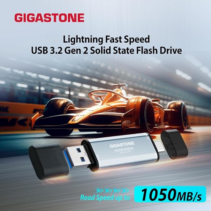 Gigastone Duo Go USB-A+C 2TB (2-Pack) Dual External Portable SSD 1,050MB/s Glossy Surface, Supports Apple 4K 60fps ProRes HDR Video Recording USB3.2 Gen 2 for iPhone 16 PS5 Mac iPad Laptop Android