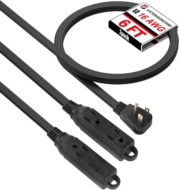 EP 6 Ft 3 Outlet Extension Cord with Flat Plug, 3 Prong Grounded, 16/3 SPT-3 Power Cable for Indoor Use, Black, 2 Pack