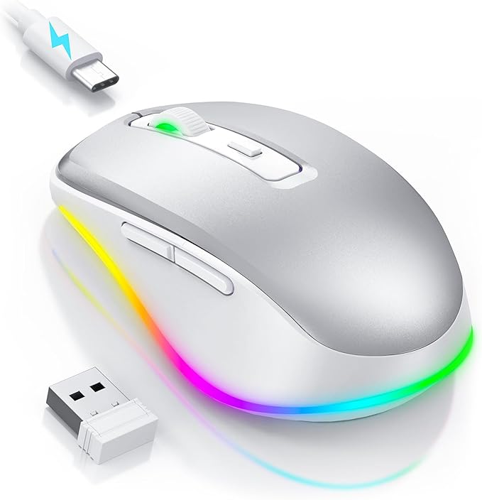 PEIOUS Wireless Mouse Jiggler - LED Wireless Mice with Build-in Mouse Mover, Rechargeable Moving Mouse for Laptop with Undetectable Random Movement Keeps Computers Awake - Silver