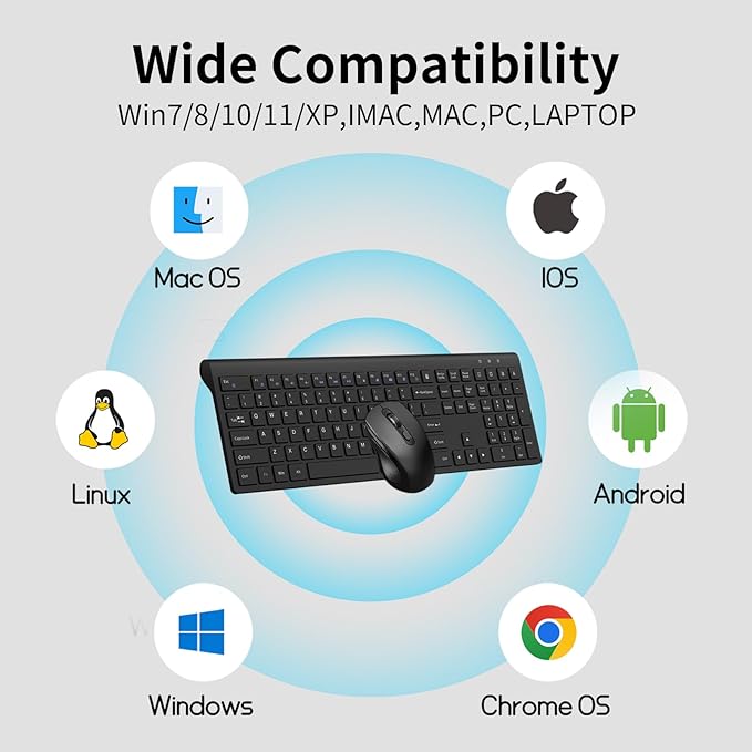 Keyboard and Mouse Wireless, Slim Full Size Keyboard with Calculator Button, Fn Lock, Silent Computer Mouse with Side Button, 2400 DPI, 2.4G USB Cordless Set for Laptop PC Windows Mac -Black