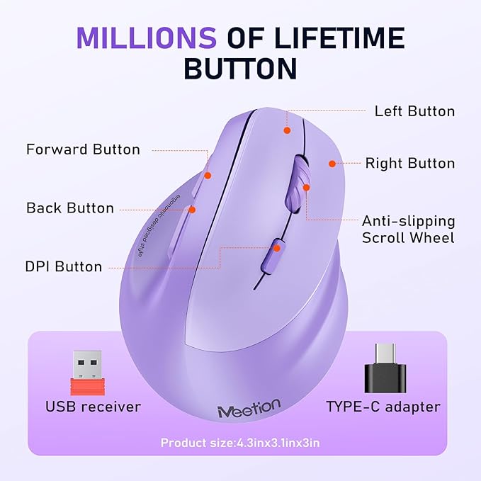 MEETION Ergonomic Mouse, Wireless Vertical Mouse RGB Backlit Rechargeable Mice for Bluetooth(5.2 + 3.0) & USB-A with USB-C Adapter 4 Adjustable DPI Compatible Mac/Windows/Andriod/PC/Tablet/iPad Purple