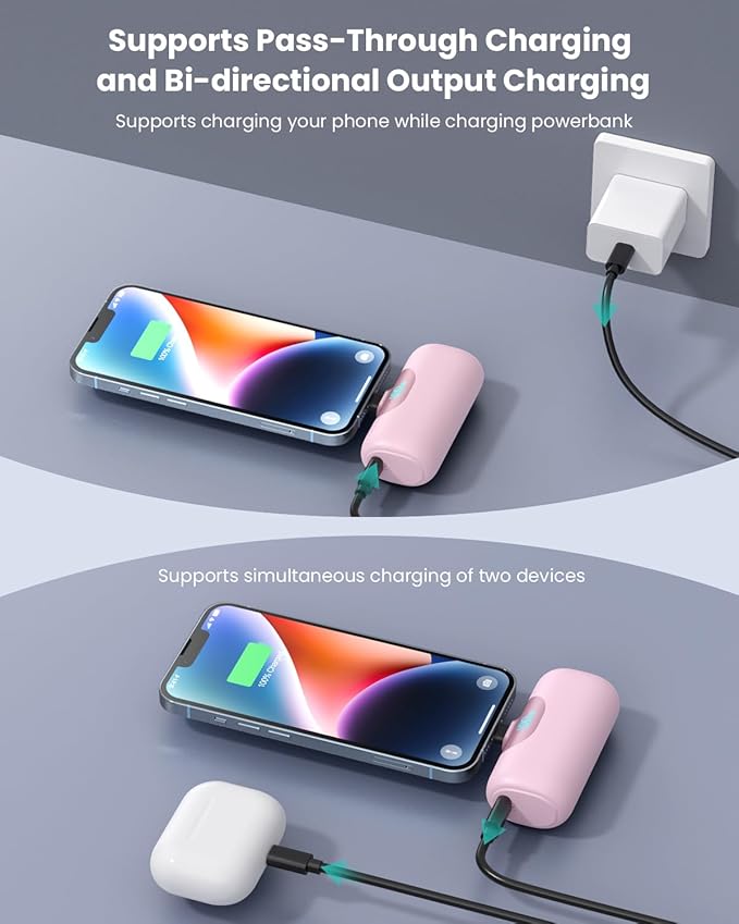Mini Portable Charger for iPhone,Upgraded 22.5W PD Fast Charging 5500mAh Ultra-Compact Power Bank,LCD Display Plug-in Cute Battery Pack Travel Essentials for iPhone 14/14Pro/13/12/11/X/8/7/6 (Pink)