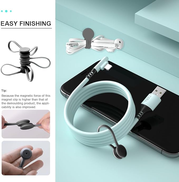 Kanemc Magnetic Cable Holder, Silicone Cord Wrap Elastic Twist Ties Magnetic Cable Keeper For Travel Cables Storage (10Pcs-Gray)