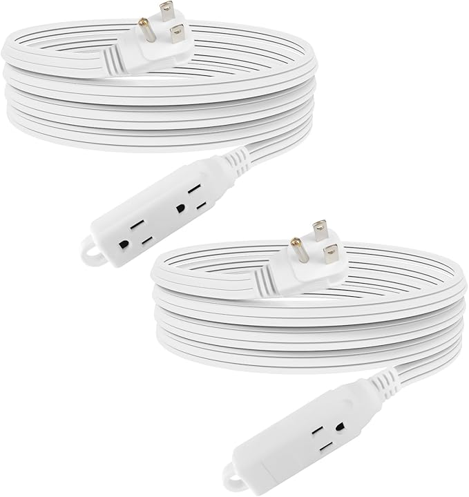 EP 15 Ft 3 Outlet Extension Cord with Flat Plug, 3 Prong Grounded, 16/3 SPT-3 Power Cable for Indoor Use, White, 2 Pack