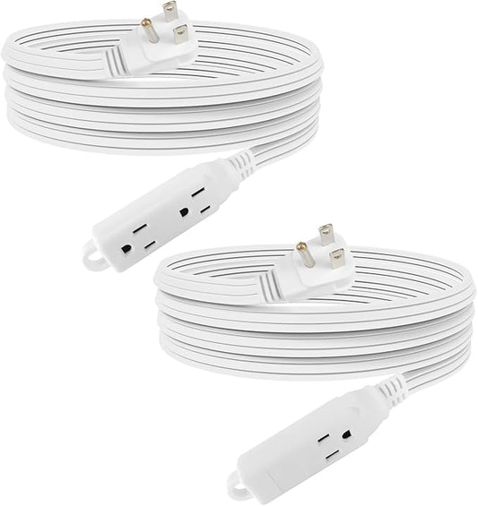 EP 15 Ft 3 Outlet Extension Cord with Flat Plug, 3 Prong Grounded, 16/3 SPT-3 Power Cable for Indoor Use, White, 2 Pack