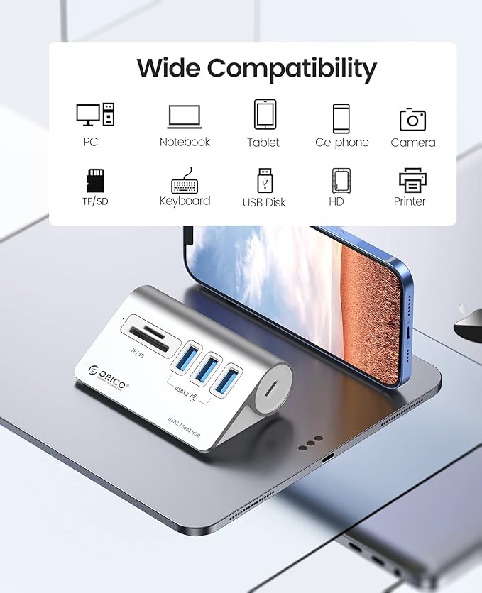 ORICO Aluminum USB 3.0 Hub with SD/TF Card Reader, 3 Port USB Hub 5Gbps with 1.64Ft USB-C Cable and USB-A Adapter USB Splitter for iMac, All MacBooks, Mac mini